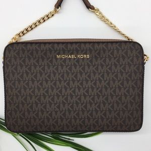 Michael Kors Brown Signature Monogram Crossbody Bag with Gold Chain